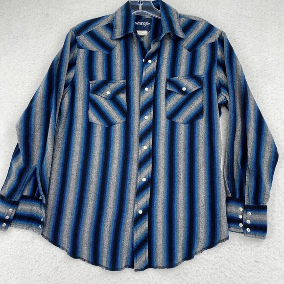 Wrangler Tops - Wrangler Women Medium Western Shirt Pearl Snap Button Up Long Sleeve Blue Stripe
